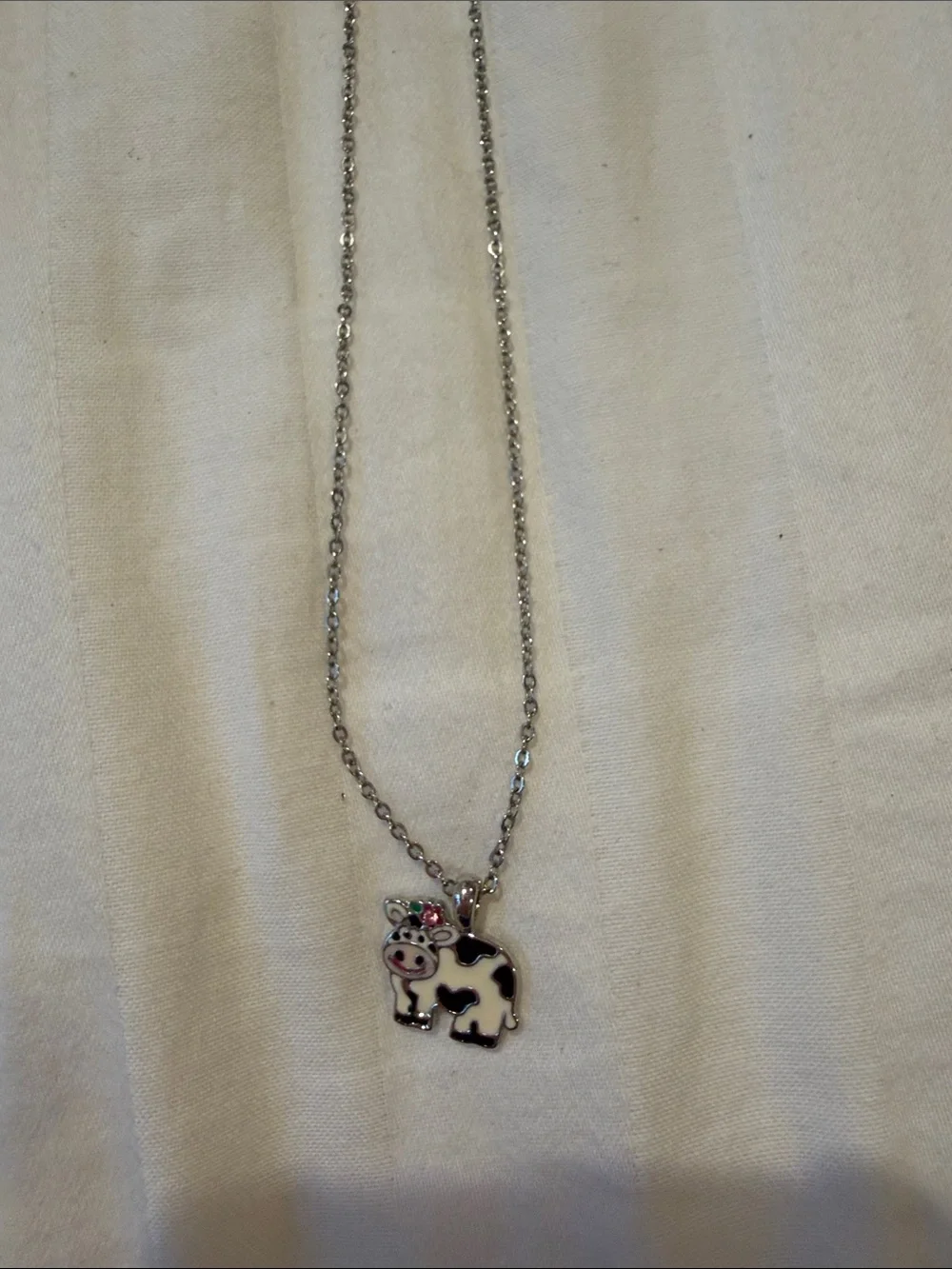 Kids Cow Pendant Necklace in White & Black - Cute Enamel Charm